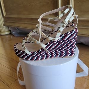 Valentino Garavani White Rockstud Wedge Platform Espadrills Sandals
